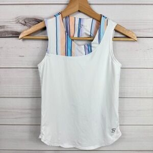 SOFIBELLA Girls White Athletic Tank Top Striped Cutout Back Size‎ M